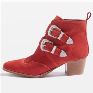 Topshop Red Ankle Boots with Silver Buckles